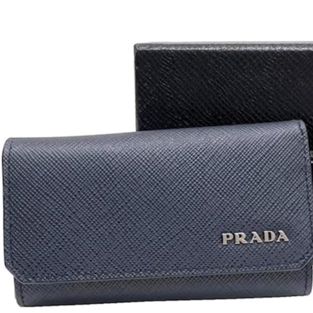 NEW Prada Saffiano Navy blue leather key holder